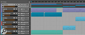 A group track, ‘Main tracks’, encloses five instrument tracks and one hybrid track, and displays a  little coloured overview of their clips. Edits applied to the overview are applied to all constituent tracks simultaneously. Groups also have inherent (and very useful) implications for mix behaviour and signal flow.