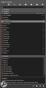 The browser panel reveals and rationalises content available to Bitwig Studio projects. These two views contrast its devices and samples tabs. Note the horizontal ‘filter sections’ (Collection, Location and so on) and the integrated sample audition facilities, with waveform overview, level fader and meter, and file information.