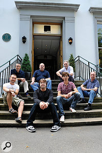 The remastering team readjust to daylight after their four‑year incarceration in Abbey Road Studios. From left (back): Simon Gibson, Sean Magee, Allan Rouse; (front) Guy Massey, Paul Hicks, Sam Okell and Steve Rooke.