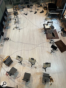 The capacious live room at The Warehouse set up for a horn session.