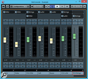 Here’s a  very simple example of using VCA faders where, in an orchestral template, you might want to group the high strings (violins and violas) with one VCA group and the low strings (celli and basses) with another, but have an overall strings VCA fader as well.