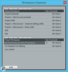 The updated Workspaces Organizer shows both Global and Project Workspaces. Notice that because my Less Useful Workspace is the 10th entry in the list, it doesn’t get assigned a  key command.