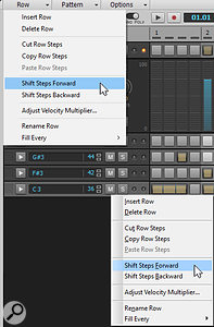 You can go up to the Row menu option to choose particular functions (top menu), but it can be easier to right-click on a step sequencer row (lower menu).