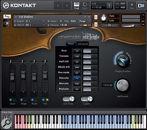 Cinematic Strings 2.0's redesigned GUI. Mapped samples are shown in blue and keyswitches for the eight main articulations are marked in pink, while yellow and green keys at either end of the keyboard turn functions such as monophonic legato and 'Live Mode' on and off.
