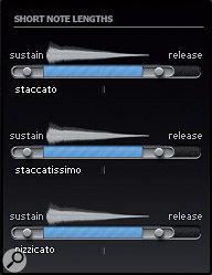 An ingenious two‑way control allows you to reduce the lengths of staccatos, staccatissimos and pizzicatos by moving the left hand slider to the right; moving the right hand slider to the left reduces the length of the release trails!