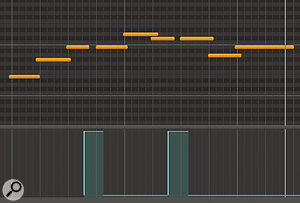 Re‑tongued same‑note repetitions are triggered by connecting them with the sustain pedal.