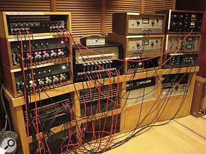 Outboard gear in Fantasy's Studio A control room. On the left‑hand side is a rack of five Neve 8078 mic pres above two racks of six Neve 8078 mic pres. To the right of these is a rack of Telefunken 672 eight mic pres and, further to the right, a pair of Teletronix LA2A Tube Limiters, beneath which is a DBX 160 Compressor/Limiter. At the far right are a pair of Urei LN 'black face' 1176s and a pair of 'blue stripe' 1176s with an LN upgrade. 