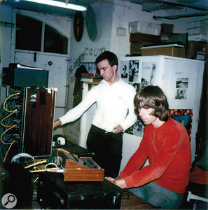 Chris Carter and Peter Christopherson recording the Throbbing Gristle single ‘Adrenalin’ at the TG/IR studio, 1980. Equipment: Roland RE301 Space Echo, Studer Remote, Seck 6x2 Mixer, Studer eight-track (rented from Britannia Row).