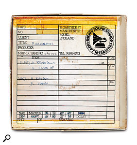 The tape box for the Spiral Scratch EP. The master tapes were reused by the studio, possibly to record Little & Large...