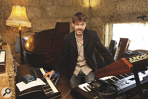 Only one man would be crazy enough to bring a grand piano to a festival... Joe Leach in the Cowshed keyboard area.