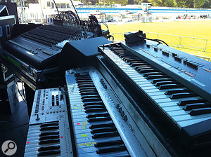 This trio are some of the most important elements of the live show. Bottom is an Elektron Monomachine; middle is a Behringer keyboard used to trigger sound effects, vocal samples, hits, sweeps and other 'ear candy' the band like to fire off on the fly, and top is the Roland Juno 106, routed through a guitar pedal. "They love that Boss Heavy Metal Distortion. It's kind of the signature sound in 'Chemical Beats'. You bosh that over the 106 and it just sounds filthy — a horrible, dirty, angry thing.” 