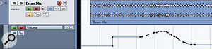 A single automation track displayed beneath a stereo audio track. Clicking on the box containing 'volume' displays a list of parameters that can be selected for automation. Here a simple step and freehand curve have been added to the volume automation data.