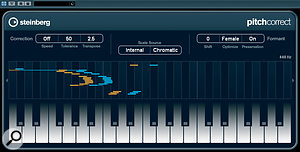 The new Pitch Correct plug‑in provides automatic, real‑time pitch correction for situations when you don't need the editing control afforded by VariAudio.