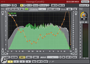 The main spectrum display of CurveEQ. As described in the main text, frequency spectrums for two different audio examples are shown here, as well as the EQ curve that the plug-in has generated to make the 'My Rock Mix' frequency response sound closer to that of 'Punk Pop Mix' (in this case, Green Day's 'American Idiot').