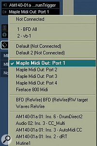 A virtual MIDI cable — in this case Marblesounds' Maple — can be useful to route the MIDI data from multiple drum triggers to multiple drum modules.