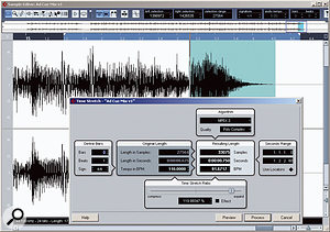 Adjusting the fade-out length of the final note of a cue to get it to fit an exact timing is easily done via the Sample Editor. Here, the final note has been selected for processing, and a loop region set for auditioning.