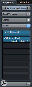 With the Pitch Correct plug-in inserted before the VST Amp Rack, the virtual guitar rig gets an octave-shifted version of the original bass part.