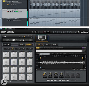 Having sliced your vocal (top track) and dragged it into GA SE4, you can replay the slices via MIDI (middle tack) and, via the Pitch Correct plug-in, control the pitches of each slice (bottom track).