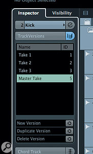 The Track Versions panel in the Inspector allows you to select and manage your Track Versions.