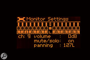 This screen shows the LR16's monitor-mix page. Inputs can have their levels and pan positions adjusted, with the resulting mix being sent to the stereo line outs and headphone output.