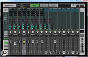 The eMotion ST window has two layers. In the main Mixer layer, shown here, you can use the Sends page to create up to eight separate cue mixes, as shown; alternatively, the Preamp, Rack and Route buttons select other views. 