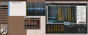 Here, you can see the recording from a tom trigger, a gate I'd placed first in the signal chain to clean up the signal a little, and Drumagog tracking the dynamic of the signal and triggering tom samples accordingly.