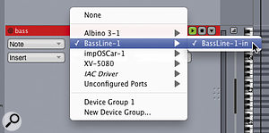 The same MIDI Output pop-up menu as it appears in the Tracks window and in the Sequence editor.