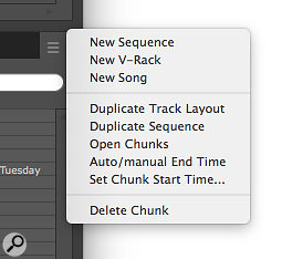 Screen 1: The Chunks window mini‑menu helps you manage Sequences, Songs and V‑racks.