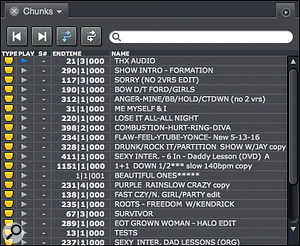 Screen 3: A set list in the Chunks window. This example was provided by Kevin ‘Kwiz’ Ryan, who runs the DP‑based playback rig for Beyoncé when on tour. Kevin uses the Chunks window to organise the set list for each show and to manage test Sequences, alternate versions of songs and other material needed for the tour.