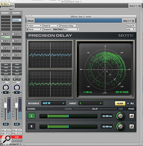 Precision Delay is a brilliant new tool for aligning multiple 'captures' of the same musical material. Here it's nudging ahead in time some drum room mics, to align with a reference signal bussed in from the overheads track. Perfect alignment of two identical signals would be indicated on that phase scope by a vertical line running from the centre upwards. But as long as most of the green dots are 'forward', and more or less evenly balanced left and right, reasonable phase correlation is indicated.