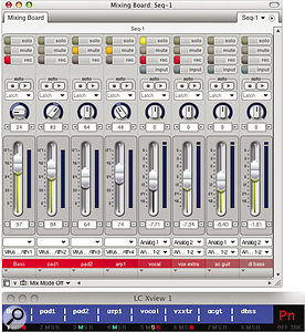 The $20 LC Xview application displays Mackie Control‑like track information for owners of control surfaces such as Behringer's BCF2000. Here its window is shown beneath DP's Mixing Board.