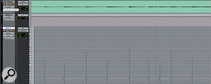 Here, DRT has generated a MIDI part (below) to match kick and snare hits in the overhead track above. 