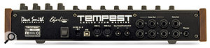 The Tempest's back panel includes an input for an external 15V power supply, a USB port, MIDI I/O, a pair of footswitch inputs, six individual voice outputs, a pair of stereo outputs and a headphone socket. 