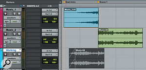 The first screen shows how a musical intro has been created. Note how one piece obviously builds and abruptly cuts off where the second, more obviously rhythmic piece takes over when the on-screen action ramps up. The second is an outro edit, which is similar in principle, but this time there's overlap between the two clips. In both cases, the lowest 'working track' has been used before copying the clips to the music tracks.