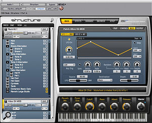 Structure patches can include sub-patches, as displayed in the tree-like menu structure at the left, which group together related samples within a more complex patch. The six Smart Knobs (below right) are assignable to individual parameters or combinations of parameters.