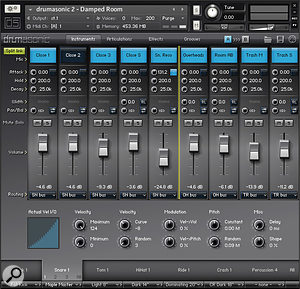 The Instruments Tab is the main microphone control centre, and is where kitpieces are loaded. Every mic has its own envelope and pan controls, and the 10 knobs below adjust velocity response, modulation and pitch for each mic. Here, Split Link is active, so the close and ambient mic parameters can be adjusted en masse, but as independent groups.