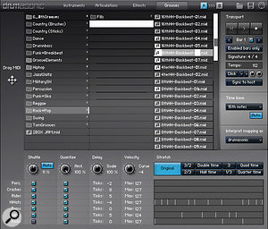 The Grooves Tab, where ready-made grooves can be selected and dragged into your DAW project, with the facility to record your own custom grooves. Third-party grooves can also be imported, with a number of real-time remapping templates available for popular formats.