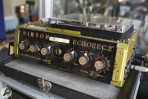 West Heath Studios is home to a truly astonishing amount of sought‑after vintage equipment. This is but a selection of the outboard (from left, top to bottom): Binson Echorec 2 tape echo; EAR 660 compressors (x2), Audio & Design F600 compressor, LA Audio 4x4 dynamics processor, Langevin stereo limiter, Dbx 263x de‑essers (x2), Drawmer DS201 gate, Dbx 120XP subharmonic generator; Yamaha SPX90 and Alesis XTC reverbs, Universal Audio 1176 compressors (x2), Roland SDE2000 delay, unknown (possibly home‑made?) valve distortion processor and compressor, Vortexion valve mixer; API Lunchbox, Pye compressors (x3), Neve 32253 limiters (x4); Martin Audio PEQ500 and Pultec MEQ5 and MEQ3 equalisers, Altec 438A compressor, Teletronix LA2A compressor, API 5502 EQ, Lexicon MPX1 reverb, Dolby Spectral Processor; Pultec Equafilm EQs (x2), Raytheon and Dbx 160 compressors (x2).