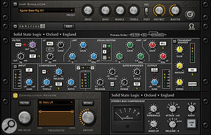 The insert effects, available on each mixer channel, include: an amp simulator; Ohmicide multiband distortion; an SSL channel strip with LP/HP filter, EQ, compressor, gate/expander, and transient shaper; SSL stereo bus compressor; and Play’s convolution reverb.