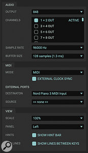 A preferences panel gives options for setting up Music Mouse with external audio and MIDI hardware (here it’s playing my Nord piano) and incoming MIDI Clock. For DAW use though, no special configuration is required. Sadly that MIDI ‘source’ field chooses an external clock source only: it’s not possible to attach any real‑time controllers.