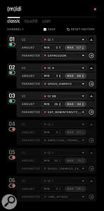 A flexible MIDI control scheme lets you extend the scope of Soliste’s response beyond what’s possible to generate from your keys alone.