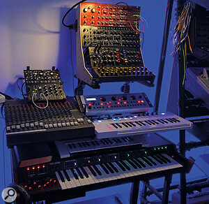 Another eclectic selection of instruments! From top: Behringer Neutron, Pro One, Model D and Wasp Deluxe synths; Moog Slim Phatty module; Arturia Keystep Pro controller; ARP Omni MkII string machine and (left) Makenoise Strega and 0 Coast modules.