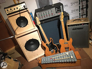 Among the eccentric selection of gear at Trashmouth is the Carlsbro PA amp used to amplify the drum machine on ‘Whitest Boy On The Beach’, plus Dallas (left) and Traynor (right) guitar amps. 