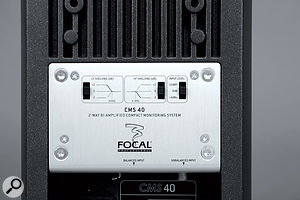 The CMS40's rear panel, with HF and LF shelving controls, and an input sensitivity switch.