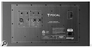 The rear panel houses the analogue inputs, LF and HF EQ controls, and a switch for designating each monitor as either the Left or Right speaker.