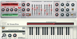 The M-Tron Pro's controls are all clearly set out on the instrument's single-screen interface. The red highlighting around the knobs, buttons and sliders indicates that the controls are focused on Layer A. 