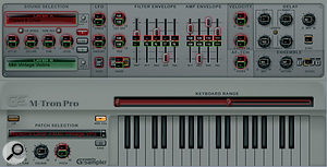 The M-Tron Pro in MIDI control assign mode. The red squares denote Layer A controls, the green squares Layer B controls, and the grey squares Global parameters.