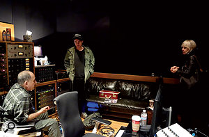 Richard Gottehrer (left) at East West Studios in LA, producing a Dum Dum Girls session. 