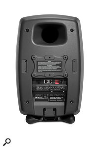 The rear panel houses the analogue and digital input connectors, as well as the Ethernot ports that allow each speaker to be connected to a  SAM network, and DIP switches that allow for manual room–placement compensation.