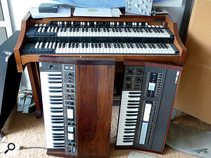 More vintage keyboards in Will Gregory's studio: a Hammond A100 is fronted by Korg Sigma and Lambda polysynths.